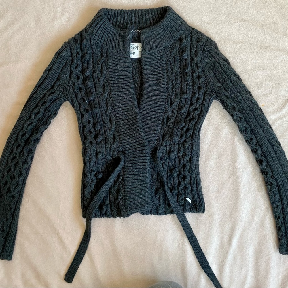 Medium Aéropostale Grey Knitted Button Tie Sweater